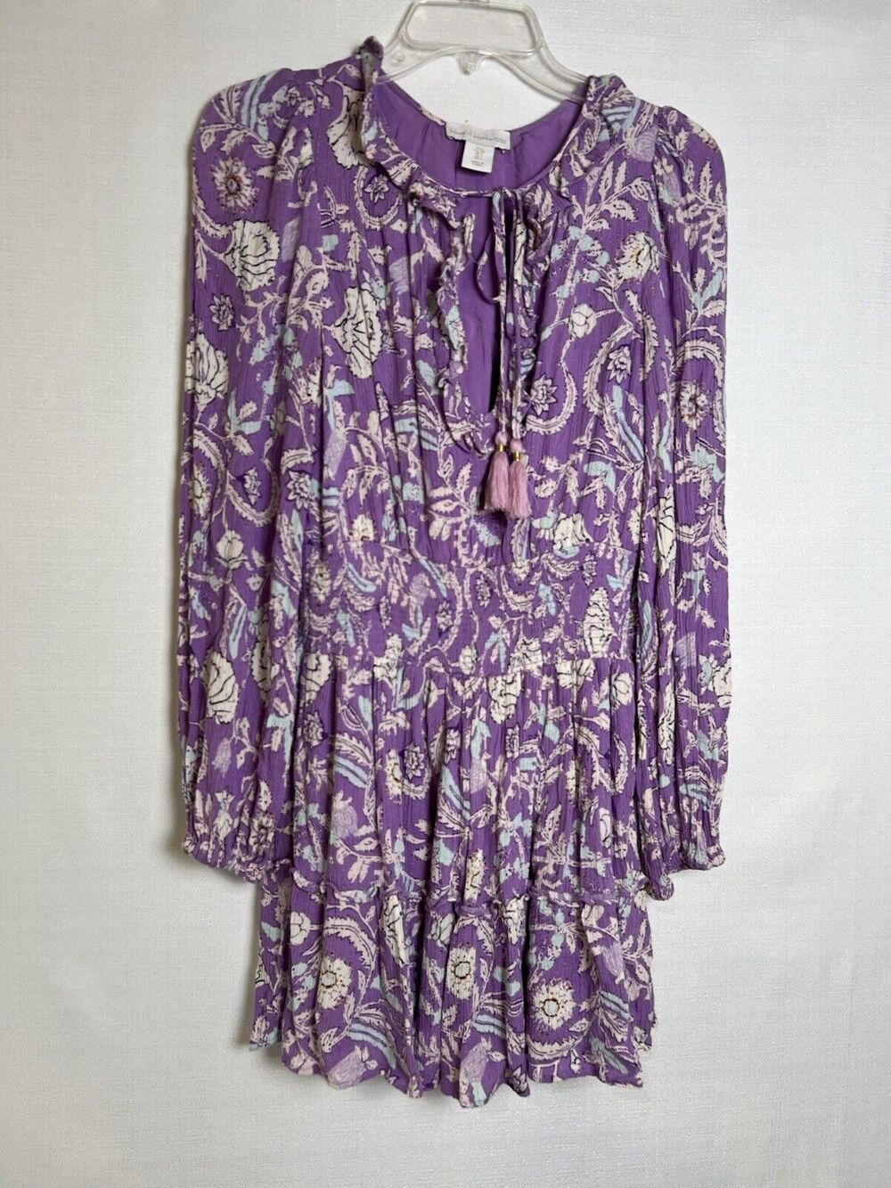 House of Harlow purple paisley ruffled long sleeve tassel mini boho dress Small
